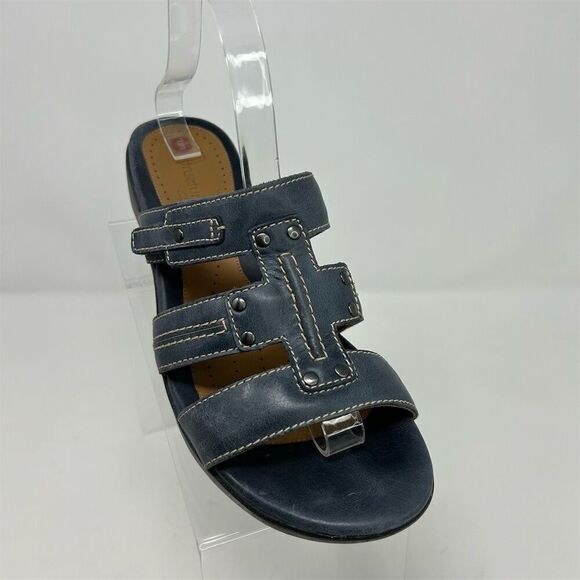 Clarks Unstructured Women's Blue Leather Slip On Wedge Sandals Size 9.5 Comfort - Picture 2 of 12